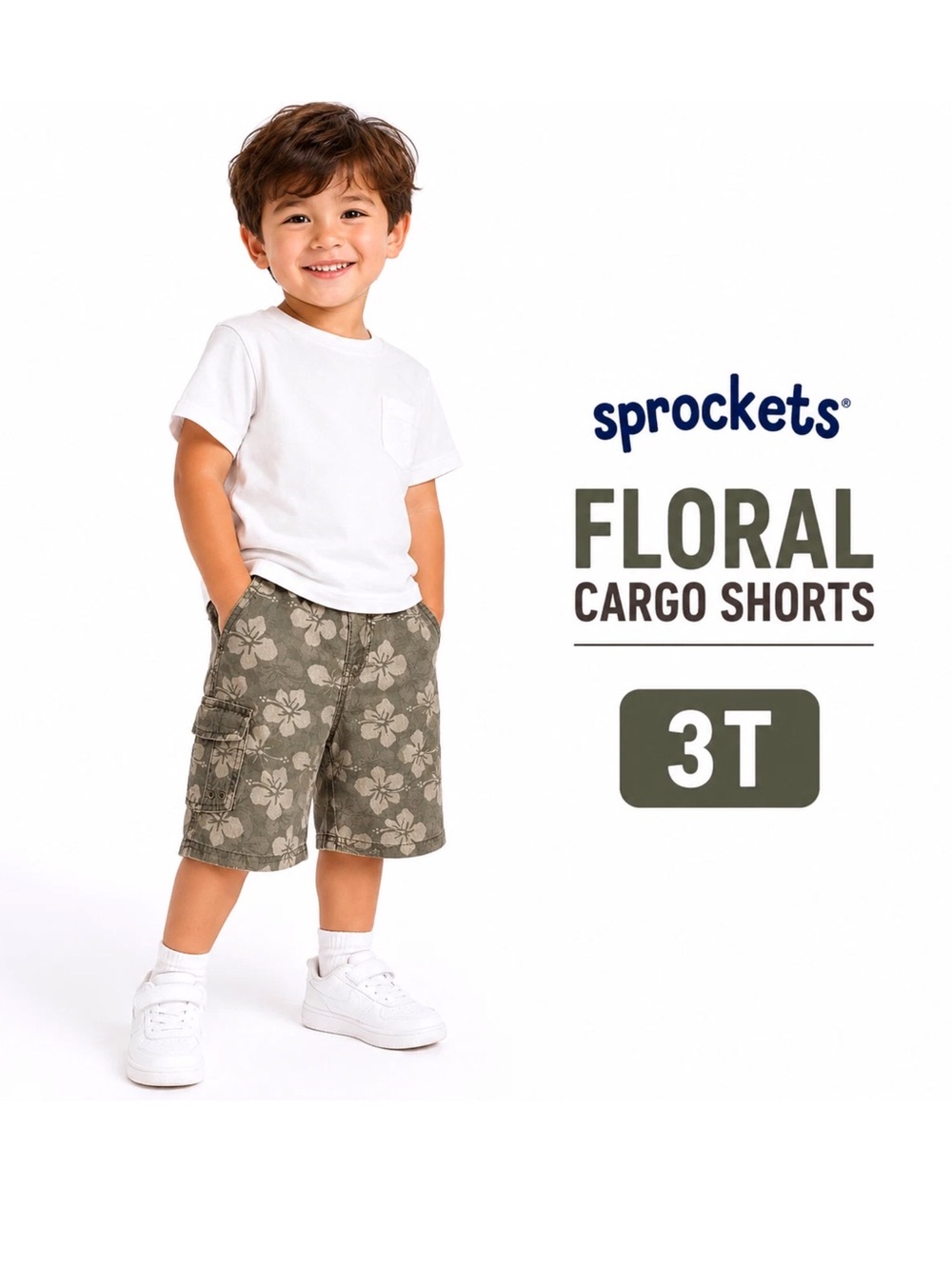 Sprockets 3T toddler Hawaiian hibiscus floral print cargo shorts tropical Y2K